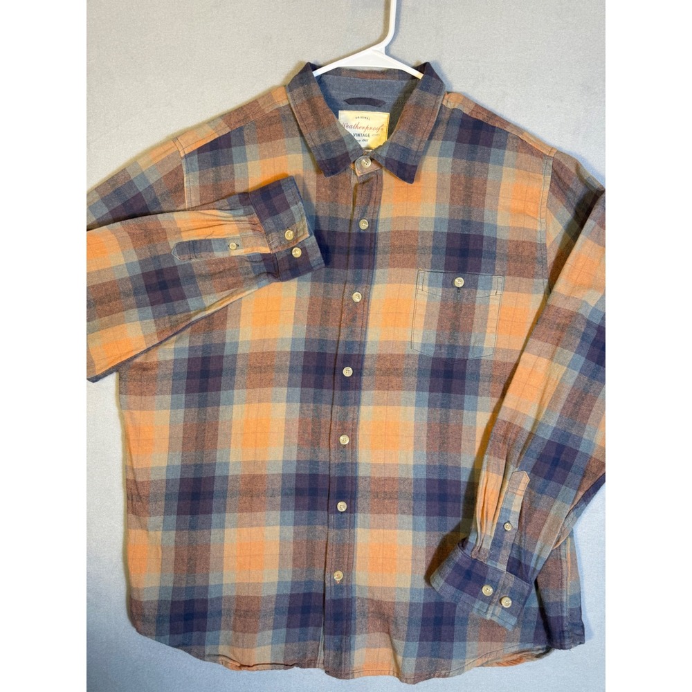 Weatherproof Vintage Mens XXL Plaid Flannel Shirt Orange Blue Long Sleeve Button